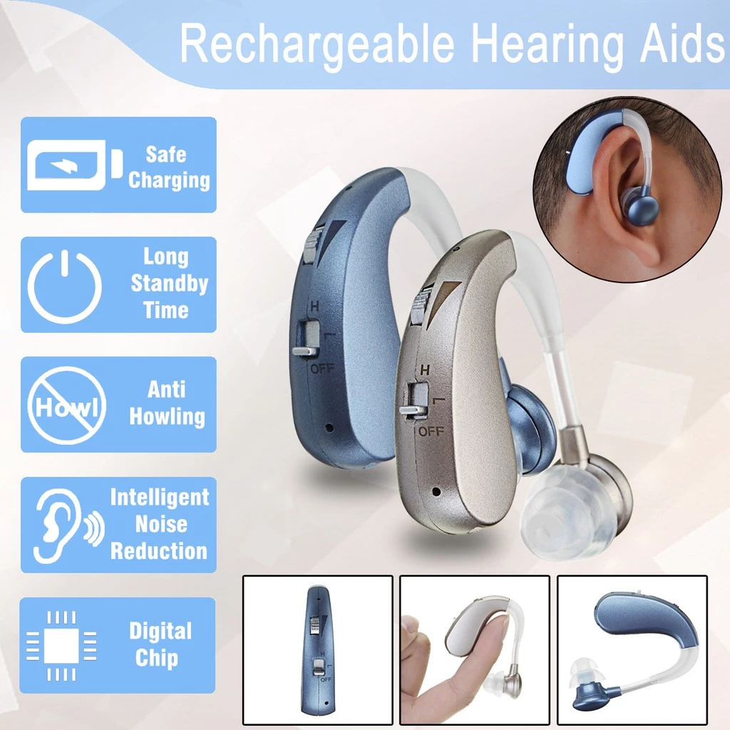Hearing Aid Auxiliary Headphones Rechargeable Crystal Clarity Sound Amplifier Noise Cancelling Gift For Seniors Hanging Ear Style Blue Golden Premium Finish Universal Fit