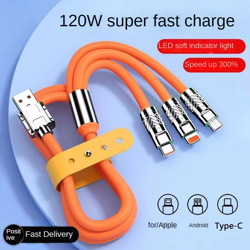 120W Super Quick Charge 3 In 1 Data Cable Suitable For Apple Tpyec Android Ipadpro2023 3-in-1 Flash Charging Wire Honor Nova8 Tablet Usb Three-head Charger