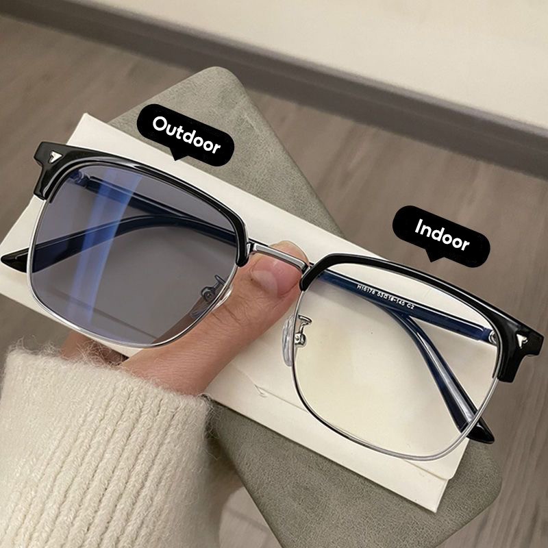 Photochromic Anti Blue Light Glasses Rectangle Semi Rimless For Men Women