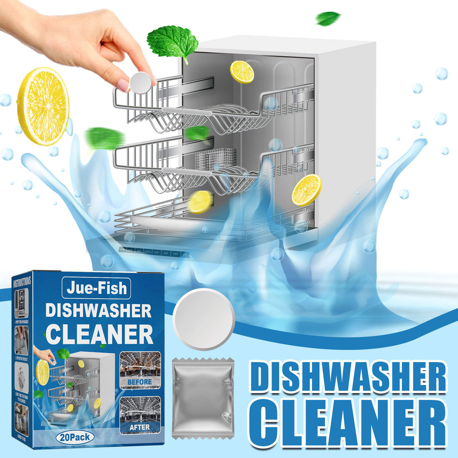 Jue-Fish dishwasher cleaning sheet Desktop built-in drawer dishwasher cleaning sheet for decontamination and oil stain removal