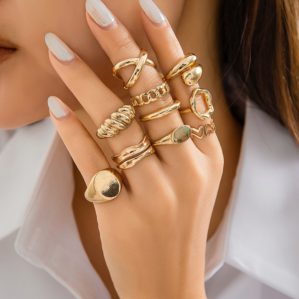10 Pcs Per Set Stackable Round/Heart/Hug Finger Rings for Women Trendy Charms Female Accessories on the Hand 2024 Fashion Jewelry Girls Gifts