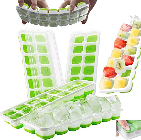 Ice Cube TraysEasy-Release  Ice Cubes Maker with Spill-Resistant Removable Lid Stackable Flexible Silicone, for Baby Food, Cocktail, Coffe