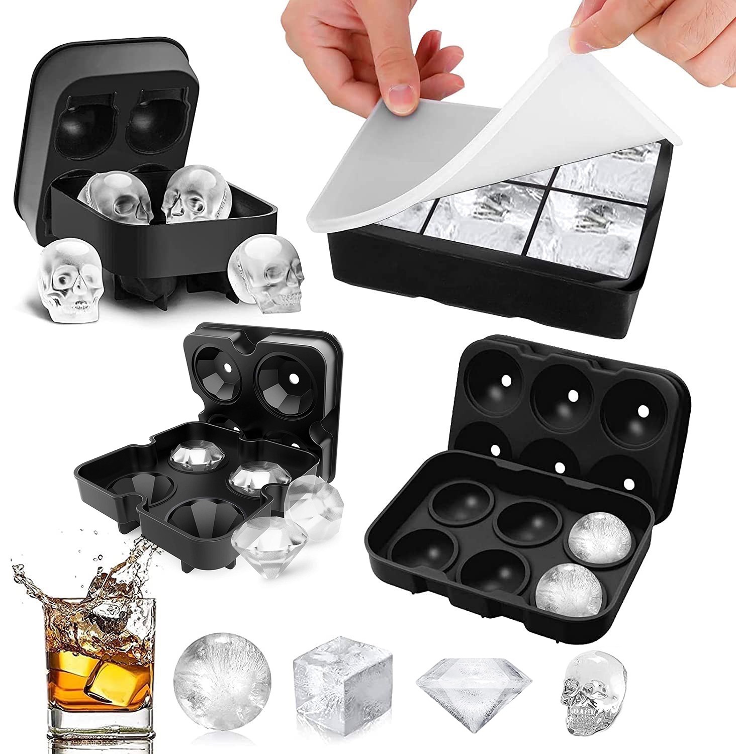 Ice Cube Trays Silicone Molds for Freezer with Lid Reusable Whiskey Ice Mold Ball Diamond Ice Mold DIY Ice Maker