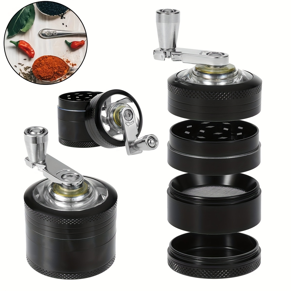 Herb Grinder, Spice Grinder Large Black,Zinc Alloy Food Grinder Shredder Grinder for Herbs Knurled,Aluminium Alloy Manual Grinder