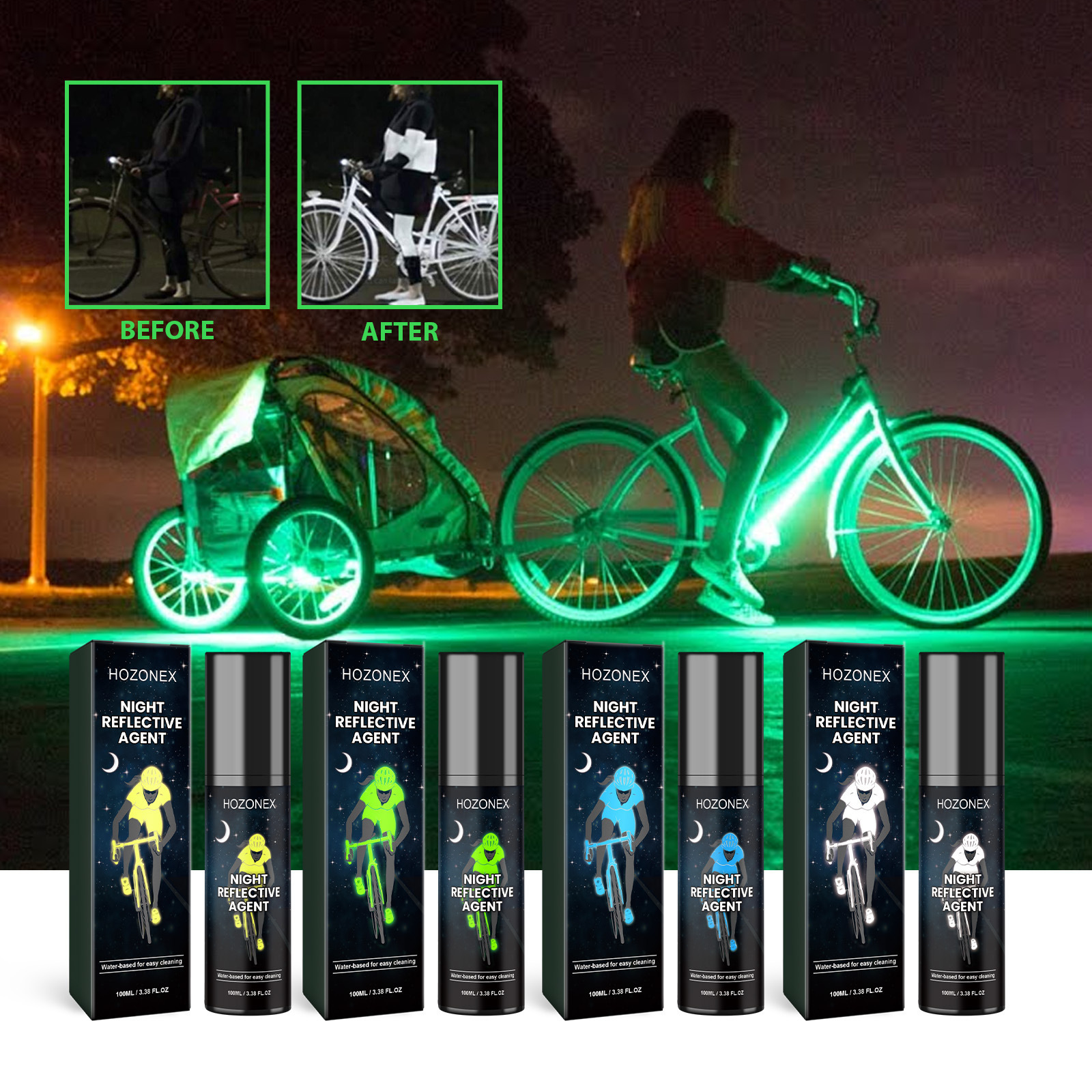 Hozonex Night Reflective Spray Bicycle Clothing Warning Signs Eco-friendly Fluorescent Night Spray Green 100ml