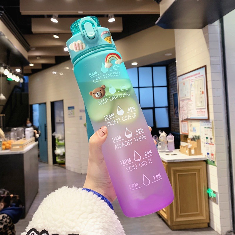 Cute Portable Water Bottle with Straw Free 3D Stickers, Large Volume, Color-Changing Design for Easy Hydration (900ml)