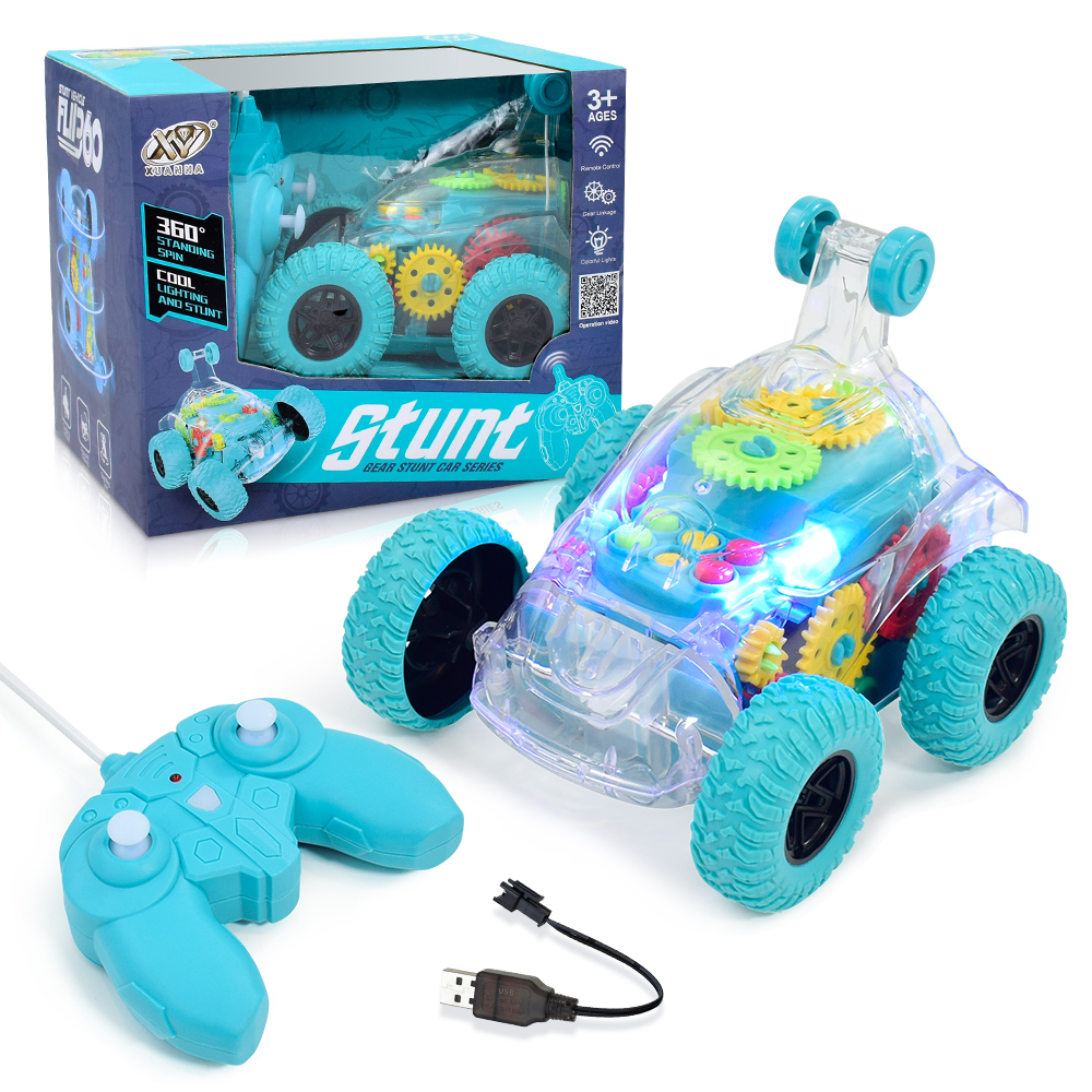 Remote-controlled green transparent gear flash music flip stunt children's puzzle electric toy car (with complete certificates)