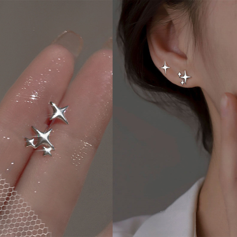 Asymmetric Four Point Star Stud Earrings Vintage Hipster Style Minimalist Jewelry for Women Men