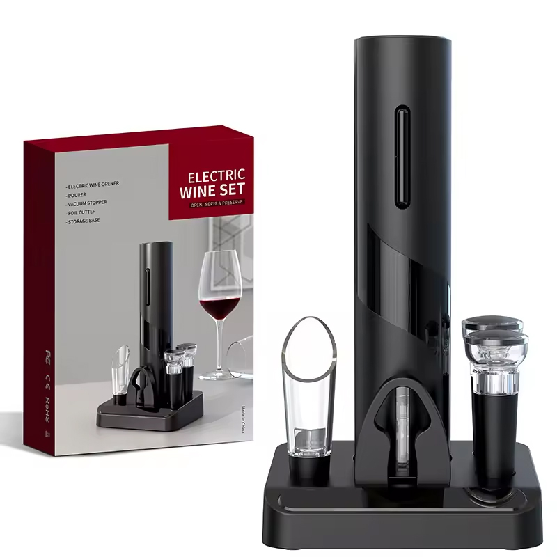 4 in 1 Smart Kitchen Accessories Electric Wine Opener Gift Set with Wine Stopper,Wine Pourer,Storage Base