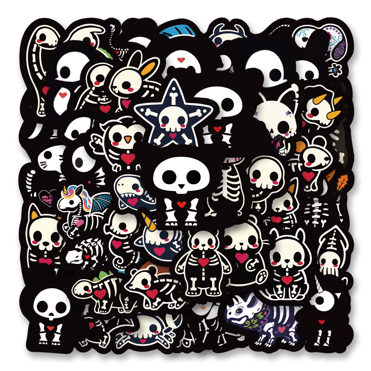 250pcs Cute Animal Skull Skeleton Stickers Set for Laptops, Phones, Scrapbooks, Skateboards, Postcards, Verse Cards, Luggage, Motorcycles & Party Decor 250 Keping Set Pelekat Haiwan Comel Tulang Tengkorak untuk Komputer Riba, Telefon, Buku Skrap, Papan
