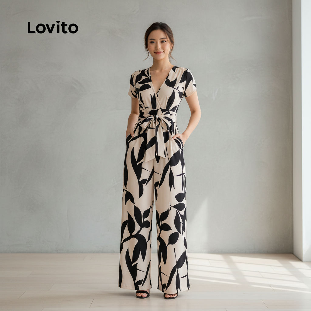 Lovito Jumpsuit Boho Berzip Musim Bunga/Musim Panas untuk Wanita LBL31116