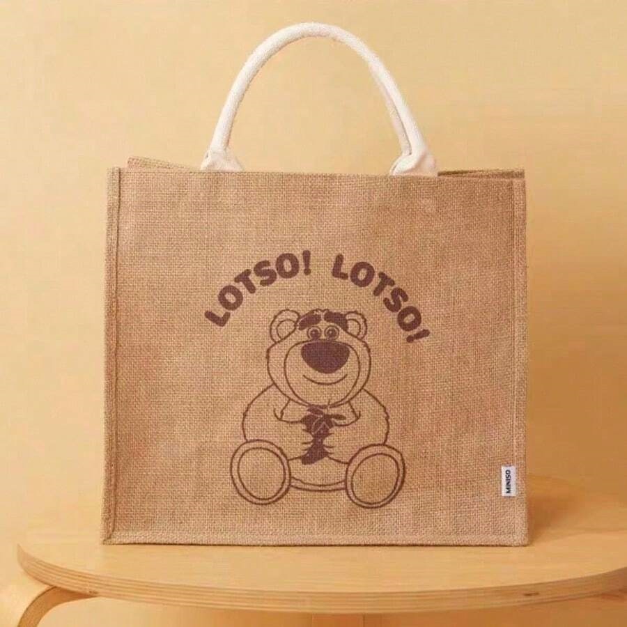 MINISO Disney Pixar Series Lotso Cute Jute Tote Bag, Eco-Friendly, Durable, Spacious 35cm × 30cm × 18cm Siri Disney Pixar Lotso - Beg Jute Comel, Mesra Alam, Tahan Lama & Luas (35cm × 30cm × 18cm)