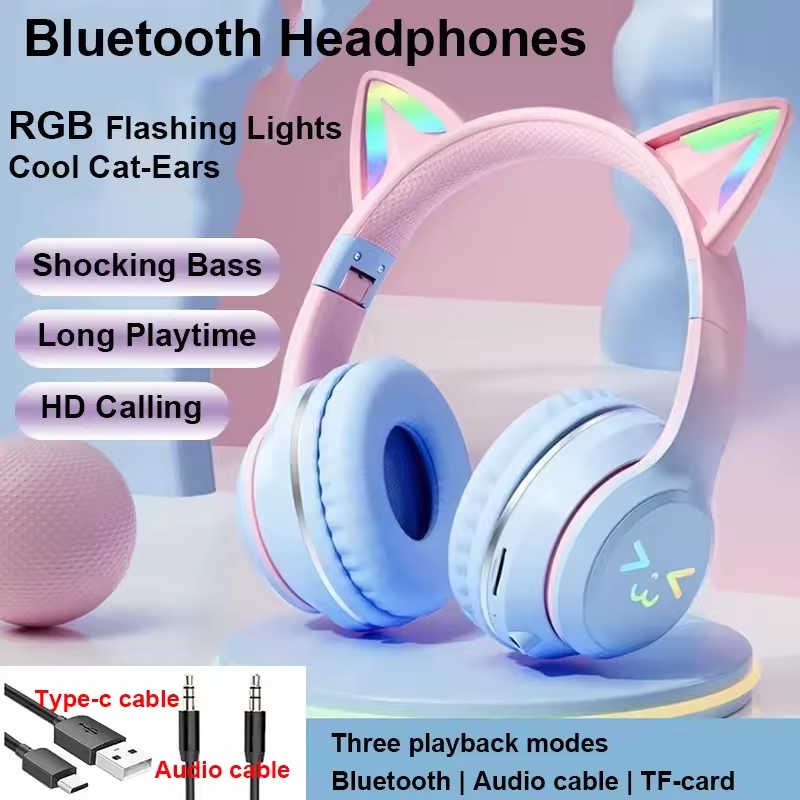 SPRISE BT618 Earphones Kids Wireless Headphones Glowing Cat-Ear Design Foldable Over-Ear HIFI Stereo Sound Earbuds TF Card Play 10H Battery Headsets SPRISE BT618 Fon Telinga Earphone Kanak-kanak Fon Kepala Tanpa Wayar Bersinar Reka Bentuk Telinga Kucing