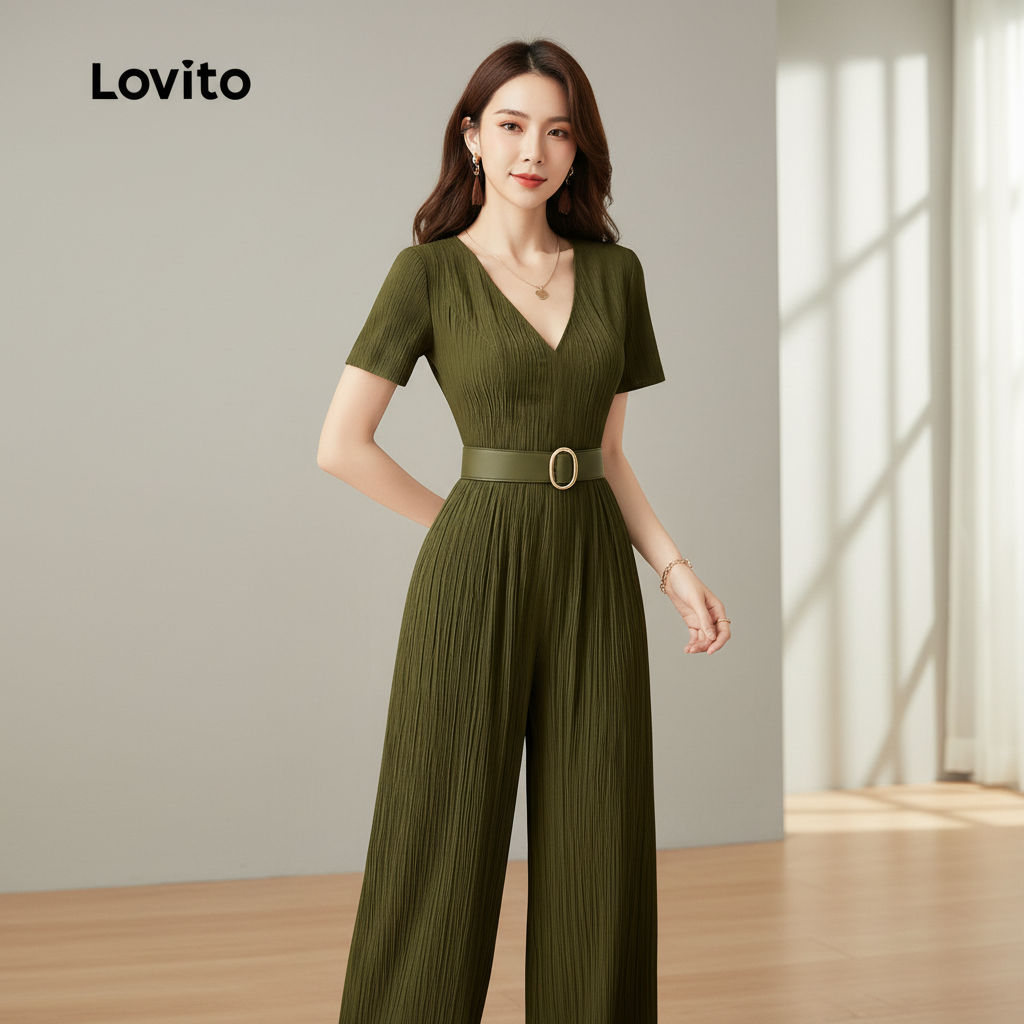 Lovito Elegant Jumpsuit Berzip untuk Wanita Baju Musim Bunga/Panas Hijau Pergi Kerja L165AD898