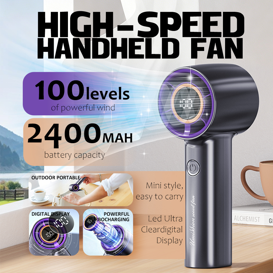 High Speed Handheld Fan 2-in-1, 100 Speeds, 2400mAh Rechargeable, LED Display, Quiet USB Fan for Travel Camping Hiking Kipas Tangan Berkelajuan Tinggi 2 dalam 1, 100 Tahap, 2400mAh Boleh Cas Semula, Paparan LED, Kipas USB Senyap untuk