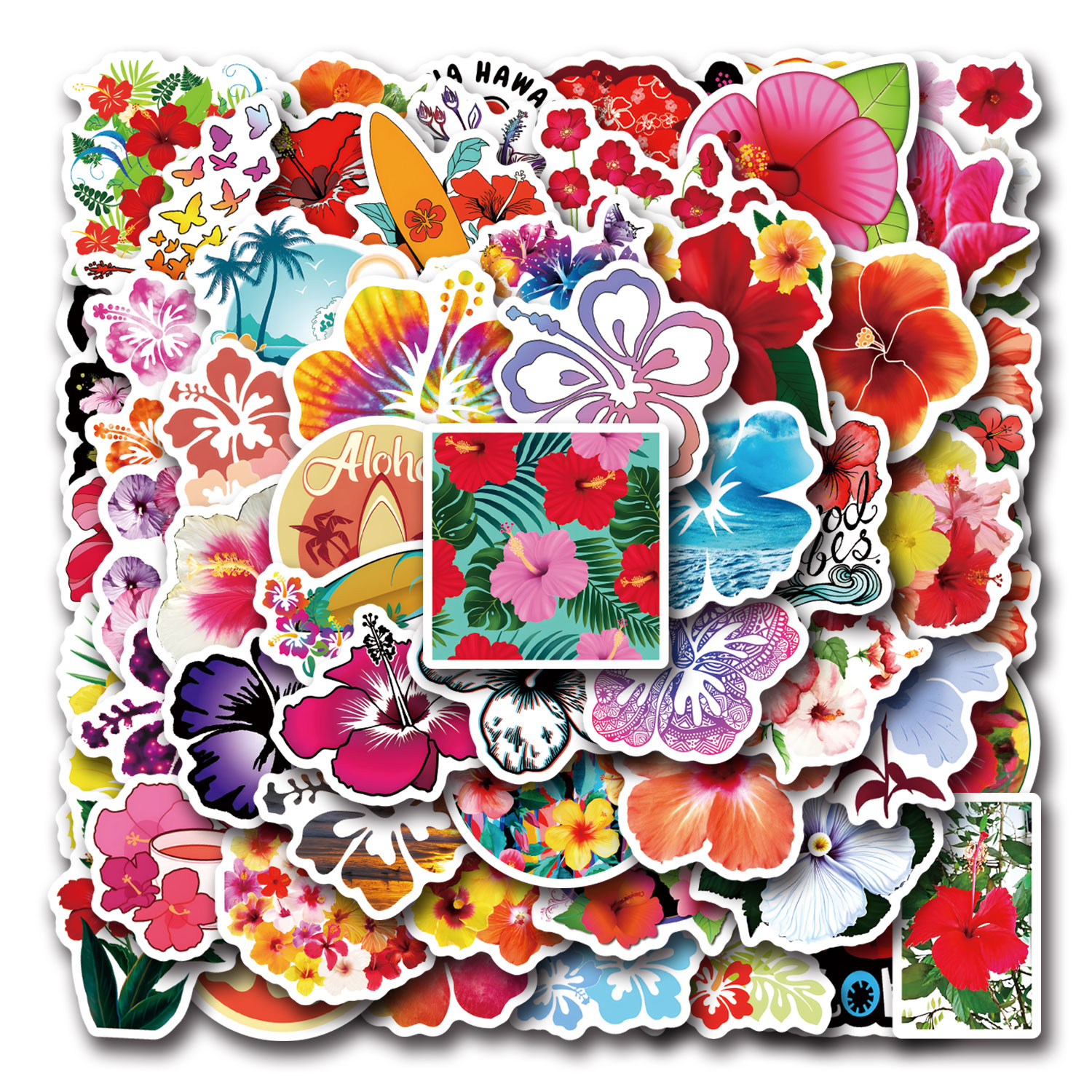 300pcs Cartoon Hibiscus Floral Decals for Blue Wall Decor, Laptops, Scrapbooks, Skateboards, Handbags, and Motorcycles 300 Keping Pelekat Kartun Hibiskus Hiasan Dinding Biru, Komputer Riba, Buku Skrap, Papan Luncur, Beg Tangan & Motosikal