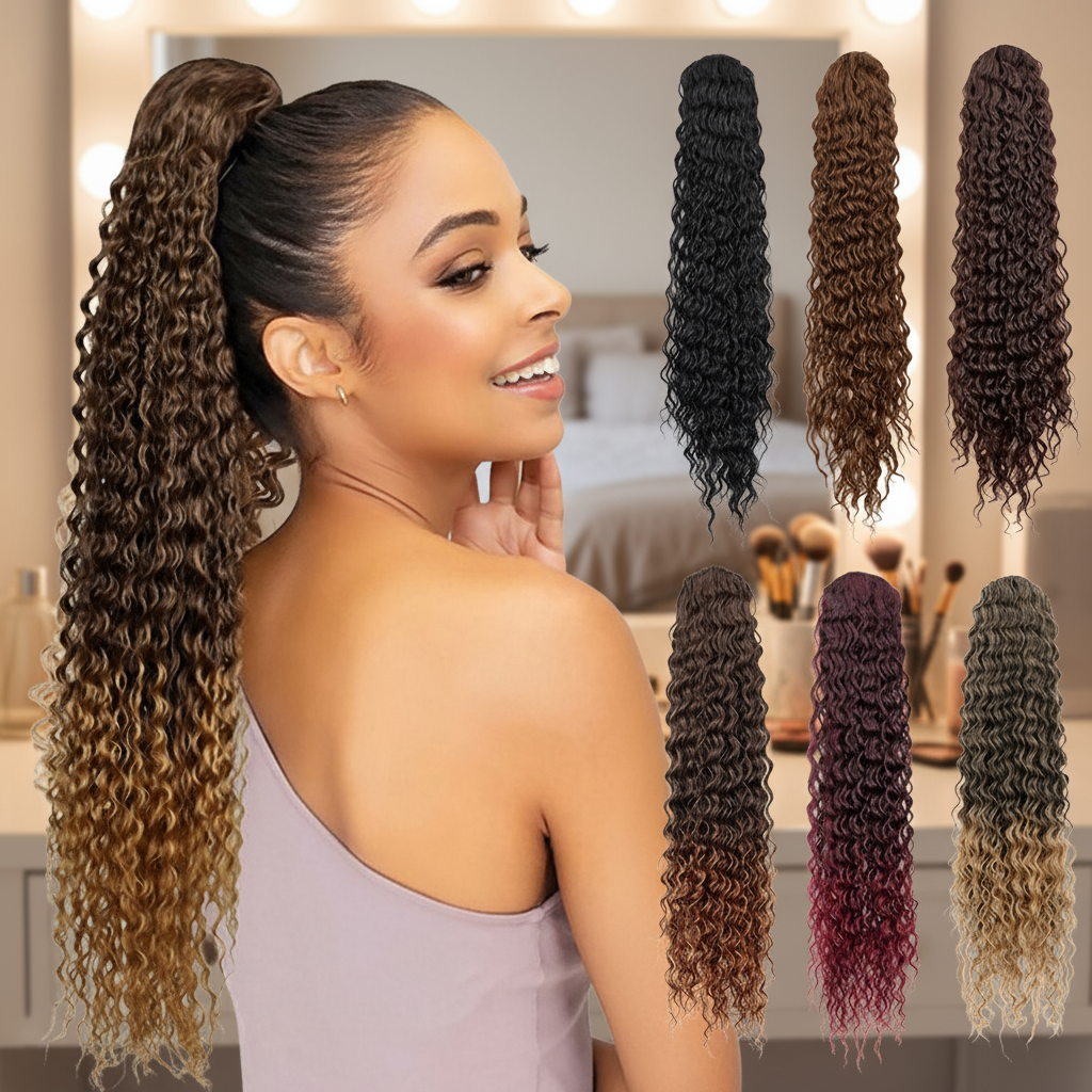 Synthetic 24 Inch Deep Wave Ponytail Hair Extensions Charming Hairnet Ponytail for Women and Girls Curly Wave Hairpiece for Party Festival