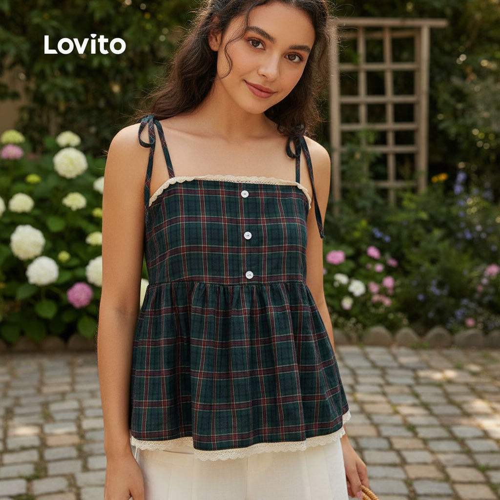 Lovito Top Kasual Wanita Ruffle Leher Berikat Butang Kotak-Kotak Musim Panas L104ED086