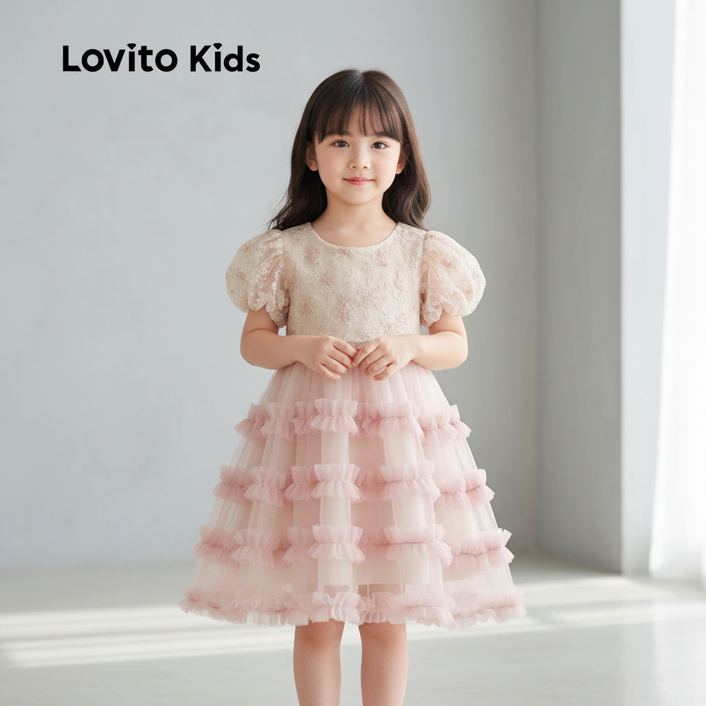Lovito Pakaian Pesta Kanak-kanak Kasual Lapisan Berperingkat Merah Jambu Musim Bunga/Musim Panas Untuk Gadis LNL123157