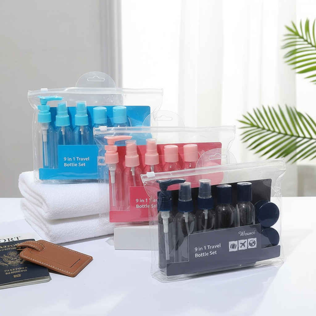 Travel Refillable Container Set – Portable Bottles for Shampoo, Lotion & Toiletries  Set Bekas Isi Semula Perjalanan – Botol Mudah Alih untuk Syampu, Losyen & Kelengkapan Mandian
