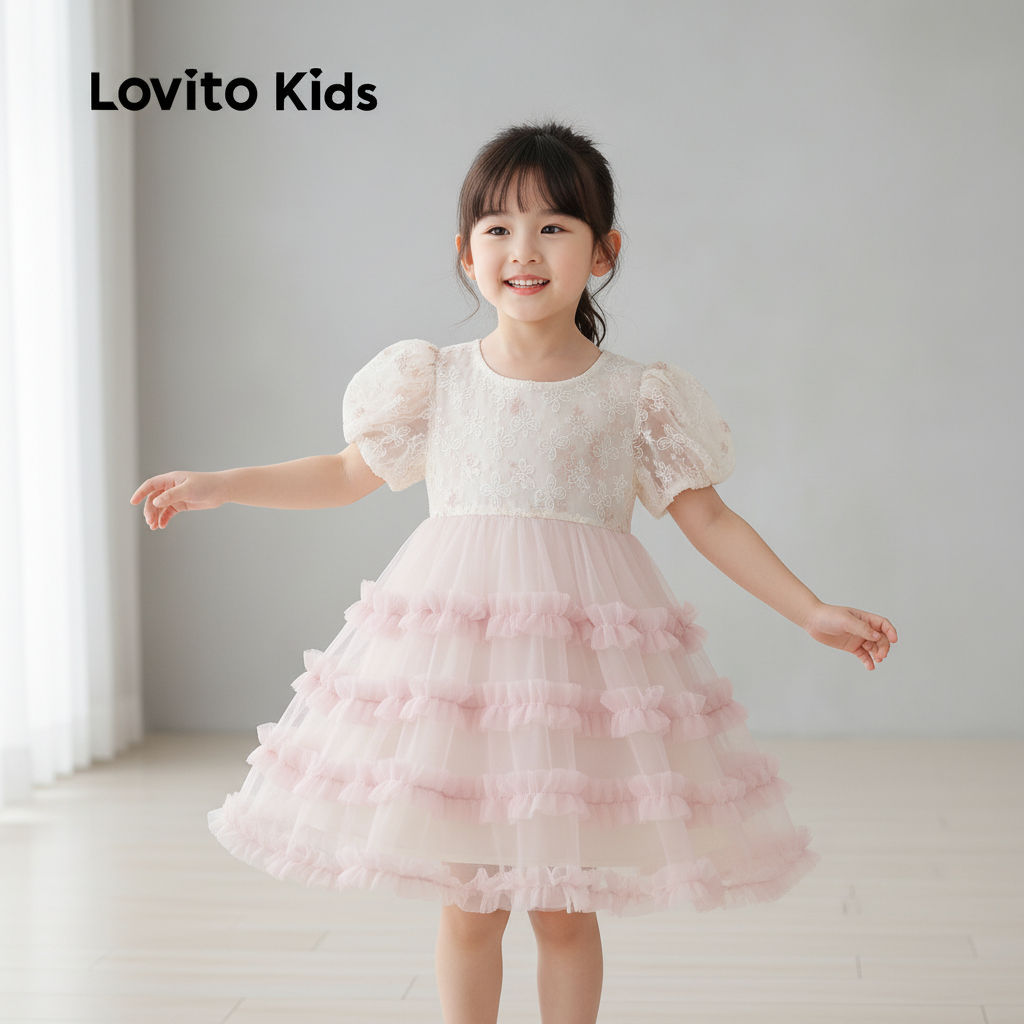 Lovito Pakaian Pesta Kanak-kanak Lapisan Berperingkat Merah Jambu Musim Bunga/musim Panas Untuk Gadis LNL123157