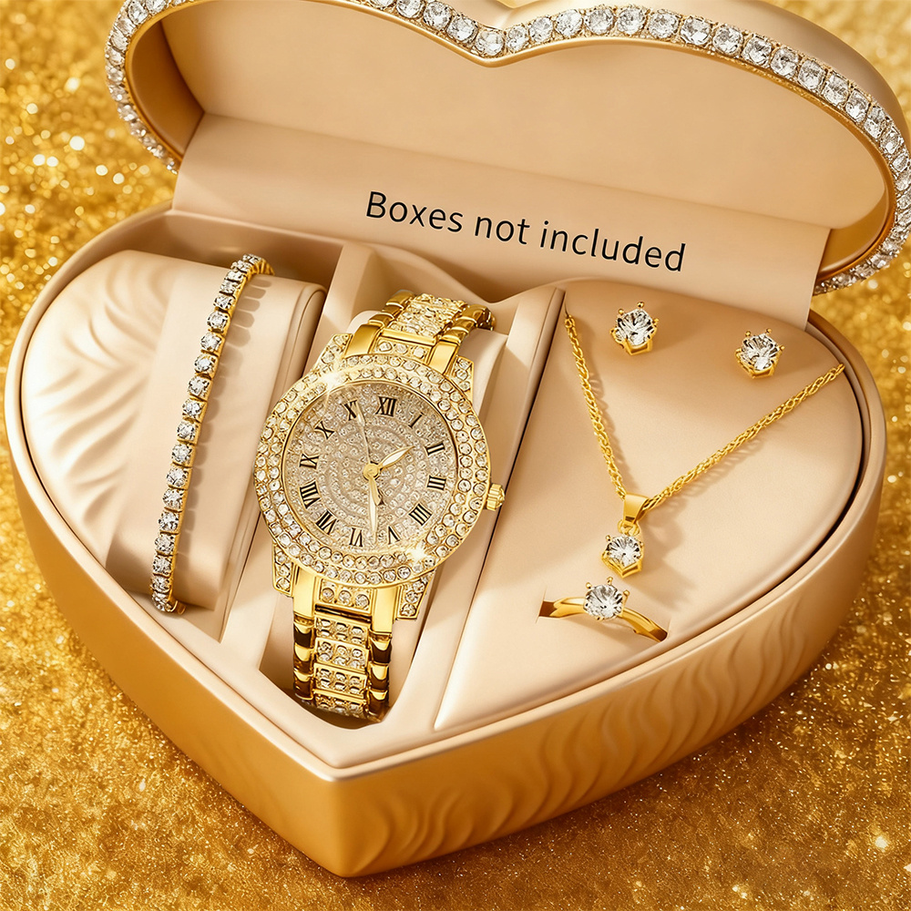 6PCS Womens Fashion Rhinestone Quartz Watch Stainless Steel Band Jewelry Set Trendy Chic Versatile Without Box