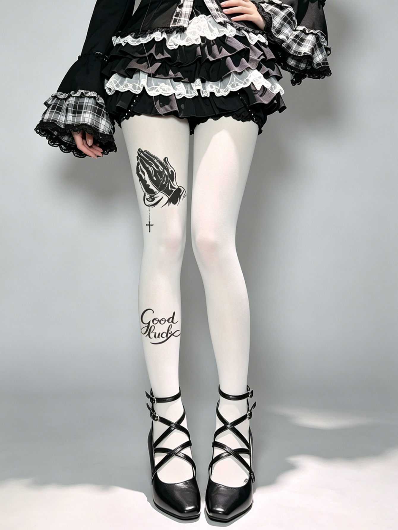 Y2K Lucky Tights for Women - Cute Fashion Retro Stockings - Vintage Good Luck Print Leggings for Party Date Cosplay - White Stokin Wanita Y2K Bertuah - Stoking Fesyen Comel Retro - Legging Cetakan Nasib Baik Vintage untuk Parti, Janji Temu, Cosplay -