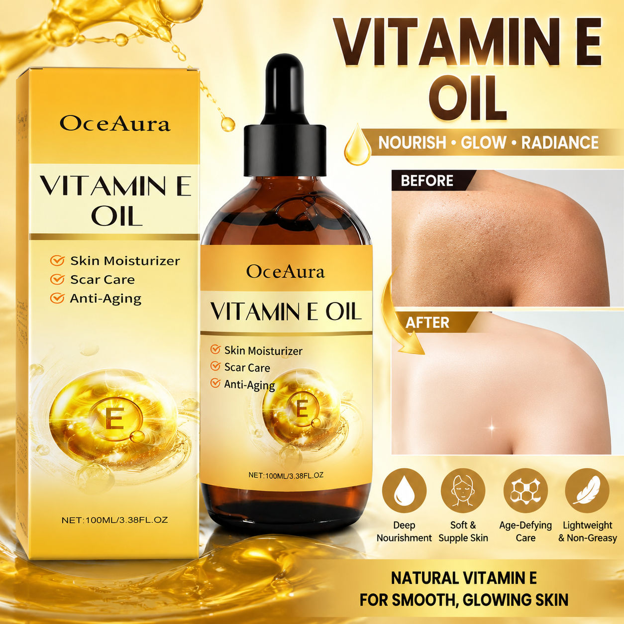 Professional Organic Vitamin E Oil for Cosmetics, Anti-Aging Vitamin E Drops for Scars & Stretch Marks, Natural Massage Body Oil, 100ML Minyak Vitamin E Organik Profesional untuk Kosmetik, Titisan Vitamin E untuk Parut & Regangan Anti-Penuaan, Minyak