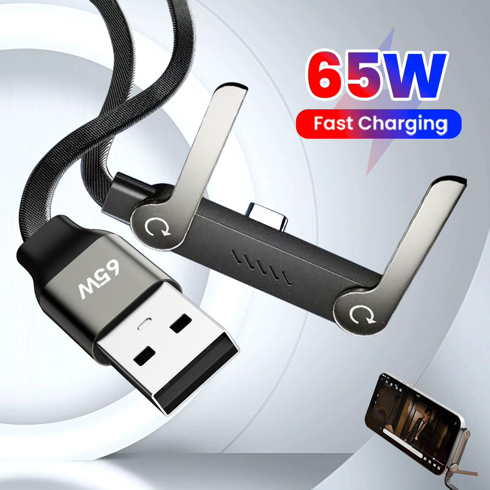65W USB A To USB C Fast Charging Cable With Foldable Phone Holder Desk Bracket