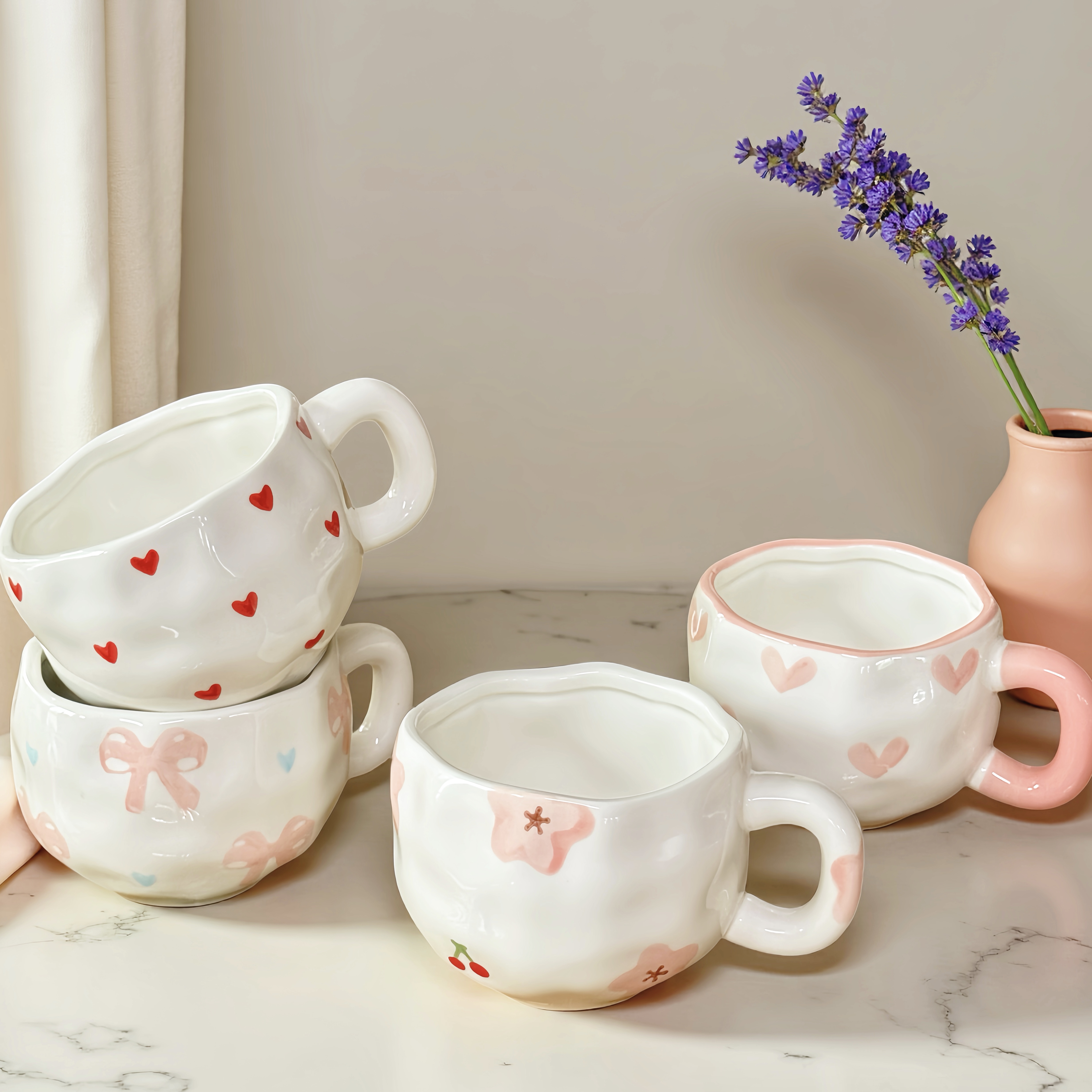 Hand Painted Bow Ceramic Mug and Saucer Set, Cute Coffee Tea Cup for Home Office