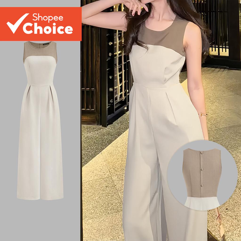  Lovito Casual Jumpsuit Plain Fabric Stitching Pleated Summer/Spring Jumpsuit for Women L128ED413  Lovito Kasual Jumpsuit Biasa Jahitan Kain Lipatan Pleat Musim Panas/Pusingan Bunga untuk Wanita L128ED413