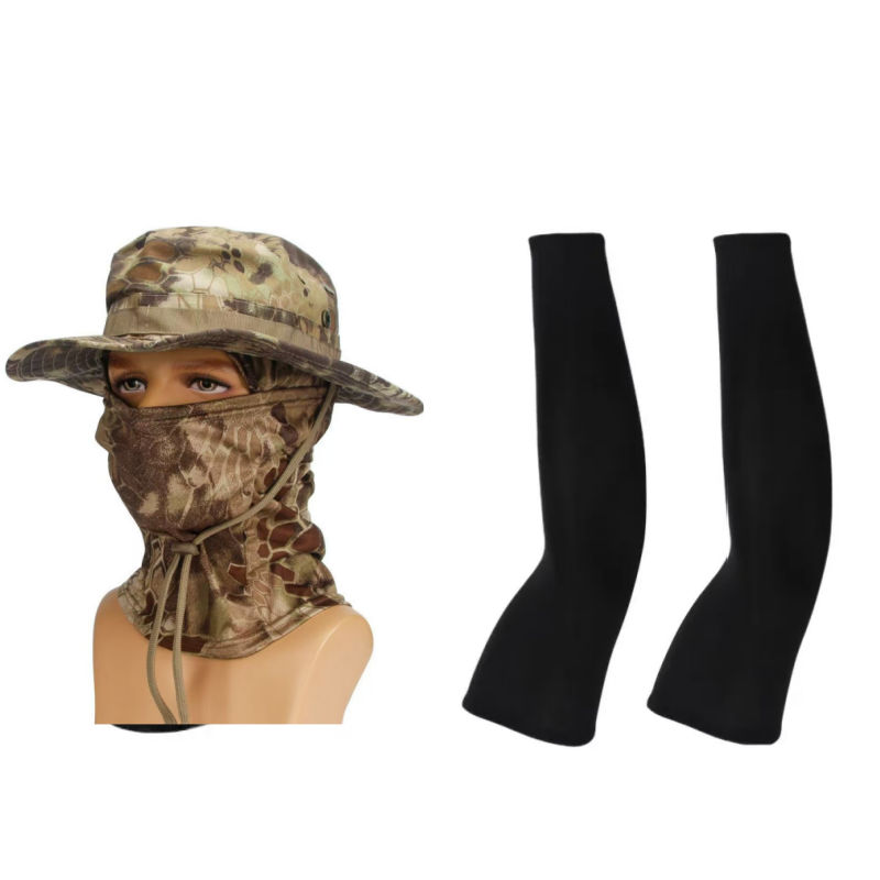Camouflage round-brimmed hat, balaclava hat, three-piece set, military beanie hat, outdoor foldable fisherman for men Topi brim bulat penyamaran, balaclava, set tiga keping, topi beanie tentera, topi nelayan luar boleh lipat untuk lelaki