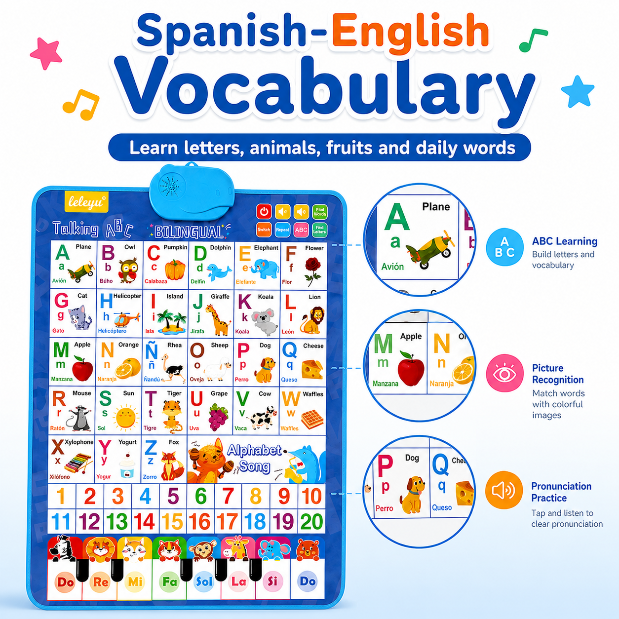 Spanish English Talking Poster for Kids Bilingual ABC Learning Wall Chart Interactive Educational Sound Toy with Numbers Music Piano Quiz Age 3+ Poster Pertuturan Bahasa Sepanyol/Inggeris untuk Kanak-kanak Carta Dinding Pendidikan Interaktif Dwibahasa ABC