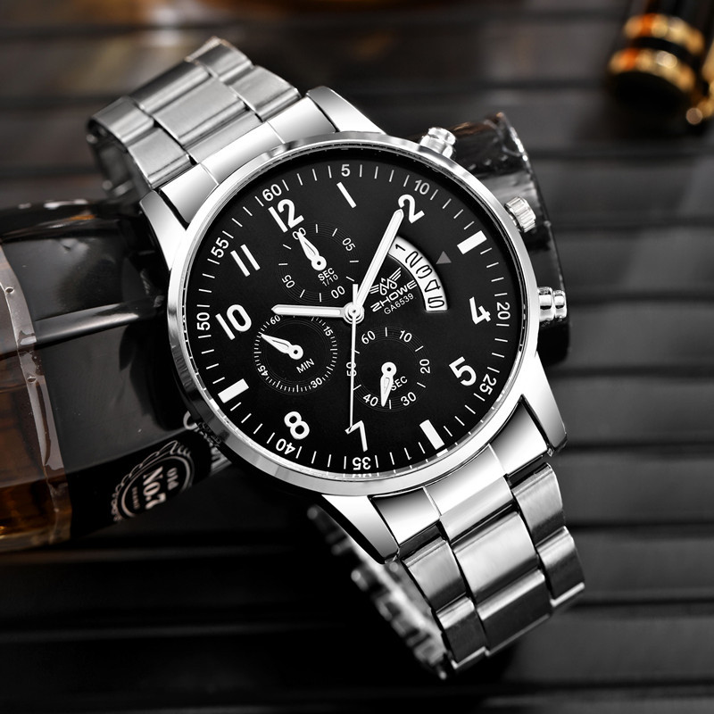 Men's Fashion Quartz Watch with Steel Band and Calendar Feature Jam Tangan Lelaki Komersial Rona Moda Dengan Tali Besi, Jam Kuarsa Dengan Kalendarnya