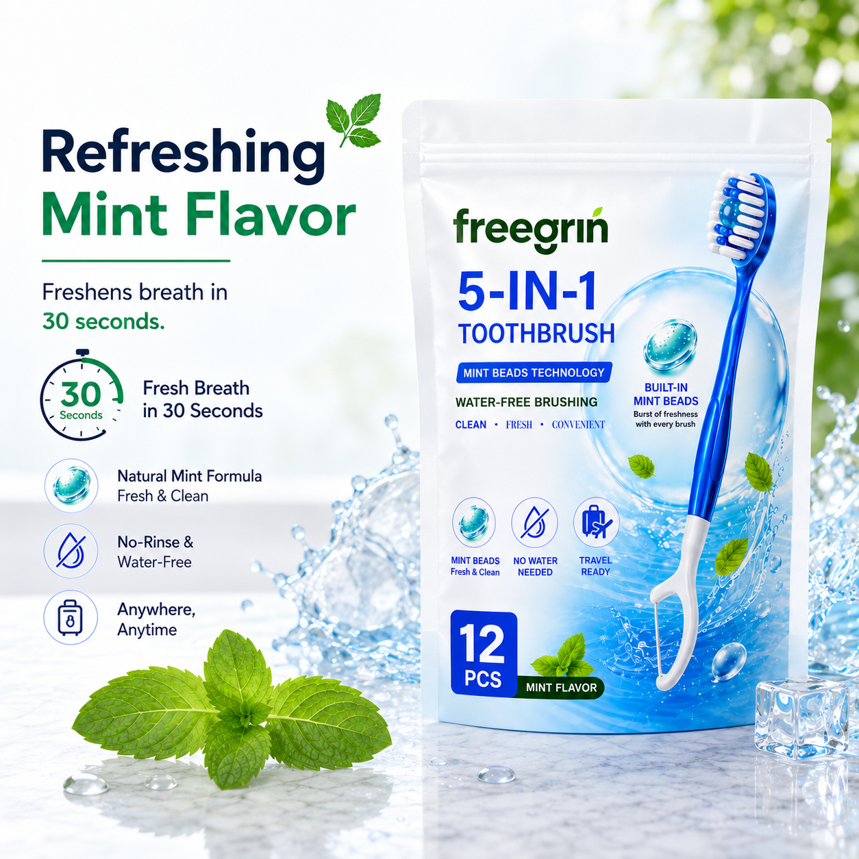 Freegrin Waterless Travel Toothbrush Kit with Floss Pick & Tongue Scraper, Mint Burst Bead Tech, 12 Disposable Packs for Fresh Breath Kit Berus Gigi Tanpa Air Freegrin dengan Floss Pick & Pengikis Lidah, Teknologi Manik Mint Burst, 12 Pek Guna Sekali