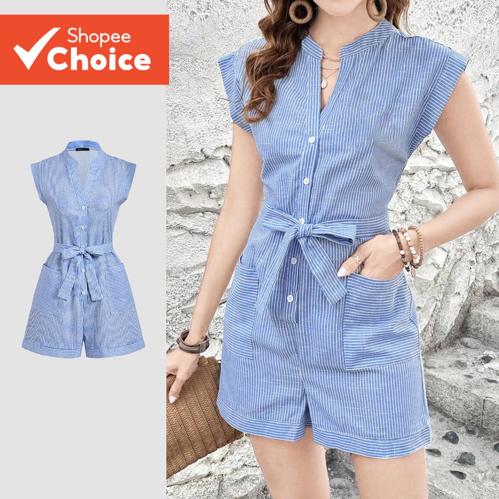 Lovito Women's Casual Printed Jumpsuit with Lace Up Bow and Pockets, Spring/Summer, Blue, Model L243AD658  Jumpsuit Biru Wanita Kasual L243AD658, Cetakan, Ikat Reben, Poket, Musim Bunga/Panas, Lovito Jumpsuit Woman