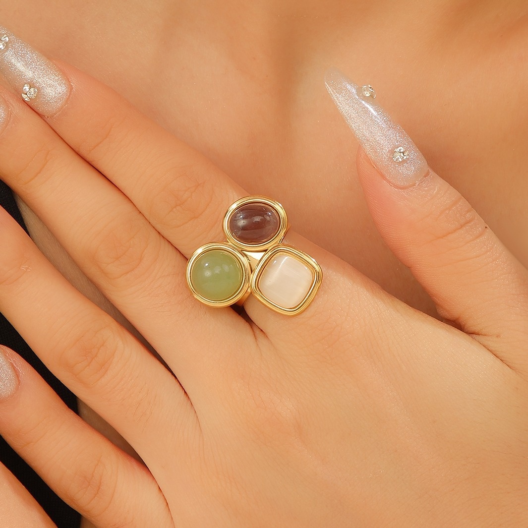 Triple Stone Cluster Open Ring in Gold/Silver, Natural Style, Adjustable Statement Ring for Women Batu Tiga Asli Terbuka untuk Cincin, Emas, Perak, Gaya Semula Jadi, Boleh Laras, Kenyataan untuk Wanita