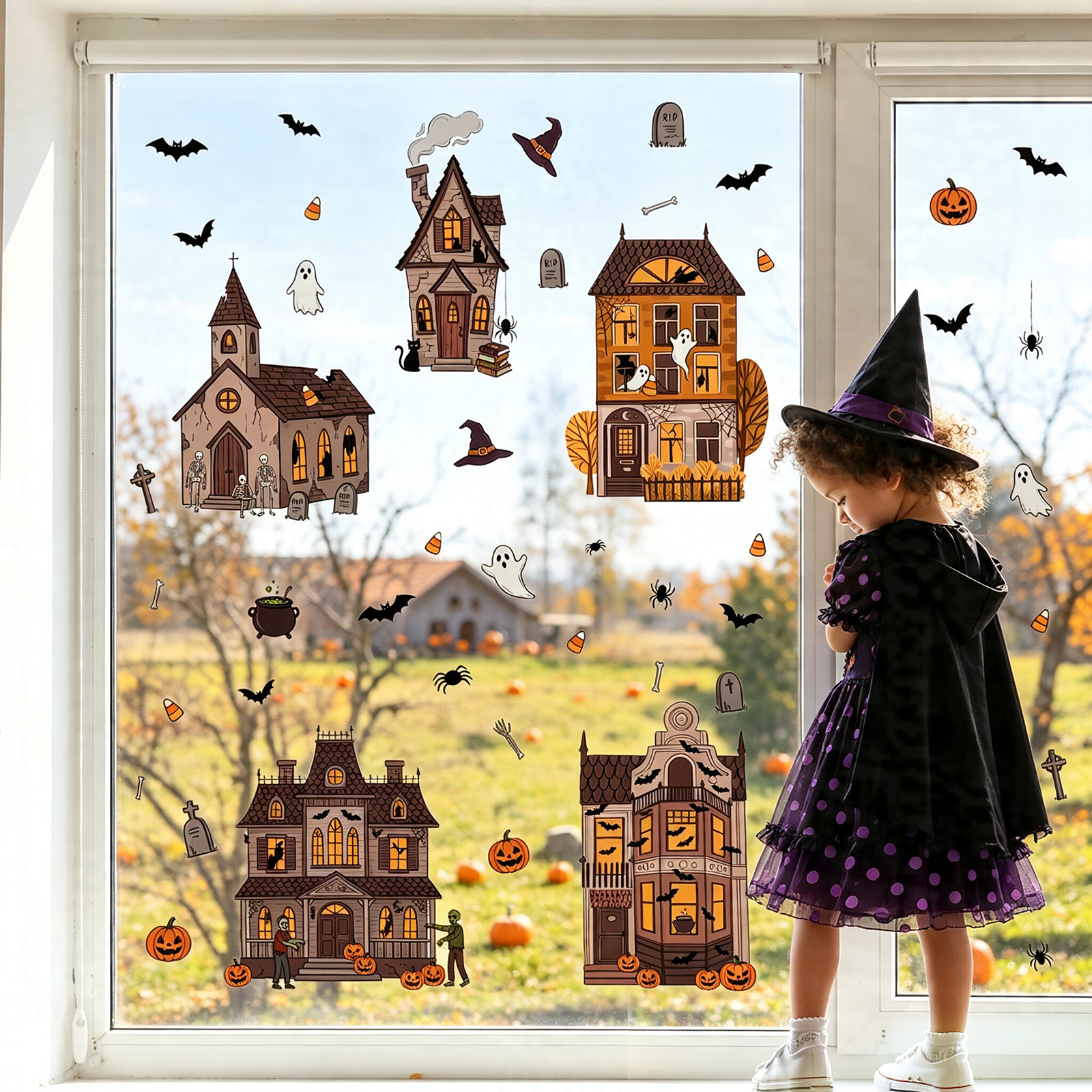 A Set Of Two (30*60Cm*2Pcs) American Cartoon Halloween Abandoned Haunted House Castle Static Cling Window Stickers For Home, Shop, And Decorations.