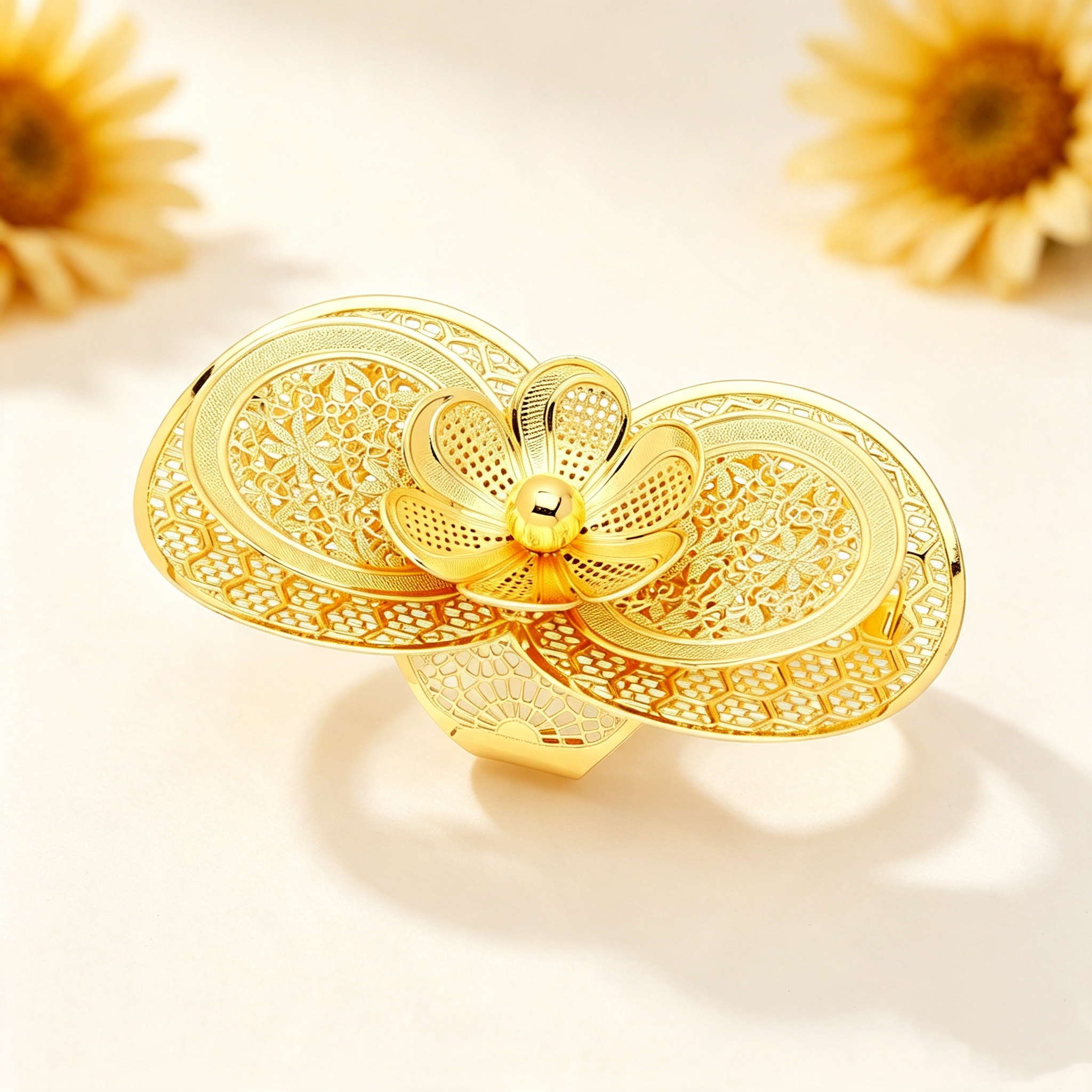 Ingot Flower Statement Adjustable Ring, Non-Tarnish Gold Accessories, Hollow Filigree Finger Ornament for Women, Elegant Women's Accessories for Wedding Banquet Hari Raya Party Cincin Kenyataan Bunga Ingot Boleh Laras, Aksesori Emas Tahan Luntur,