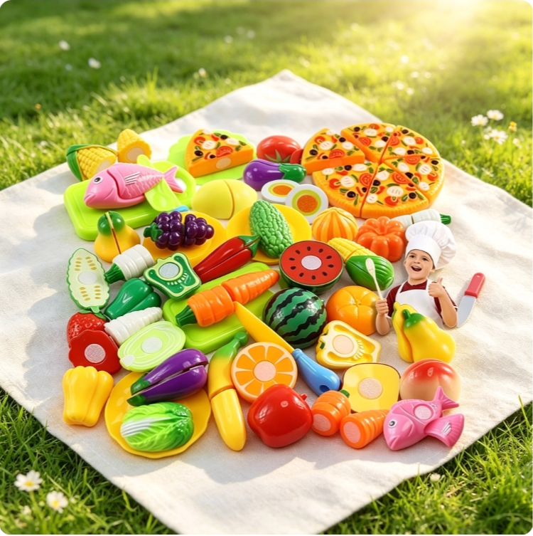 Creative Educational Kitchen Toys, Children's Meal Set—Includes fruits, vegetables, pizza, and a vegetable-cutting game. Mainan Dapur Pendidikan Kreatif, Set Hidangan Kanak-Kanak—Termasuk buah-buahan, sayur-sayuran, piza dan permainan potong sayur.