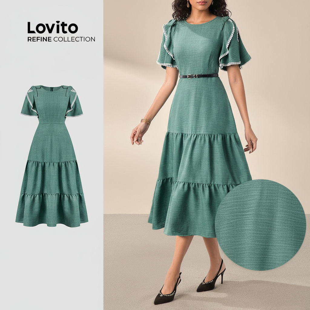 (Lovito Refine) Gaun Elegan Musim Panas/Musim Bunga, Lapisan Berperingkat, Warna Rub, Tekstur Halus, Hijau, Untuk Wanita LR12L029