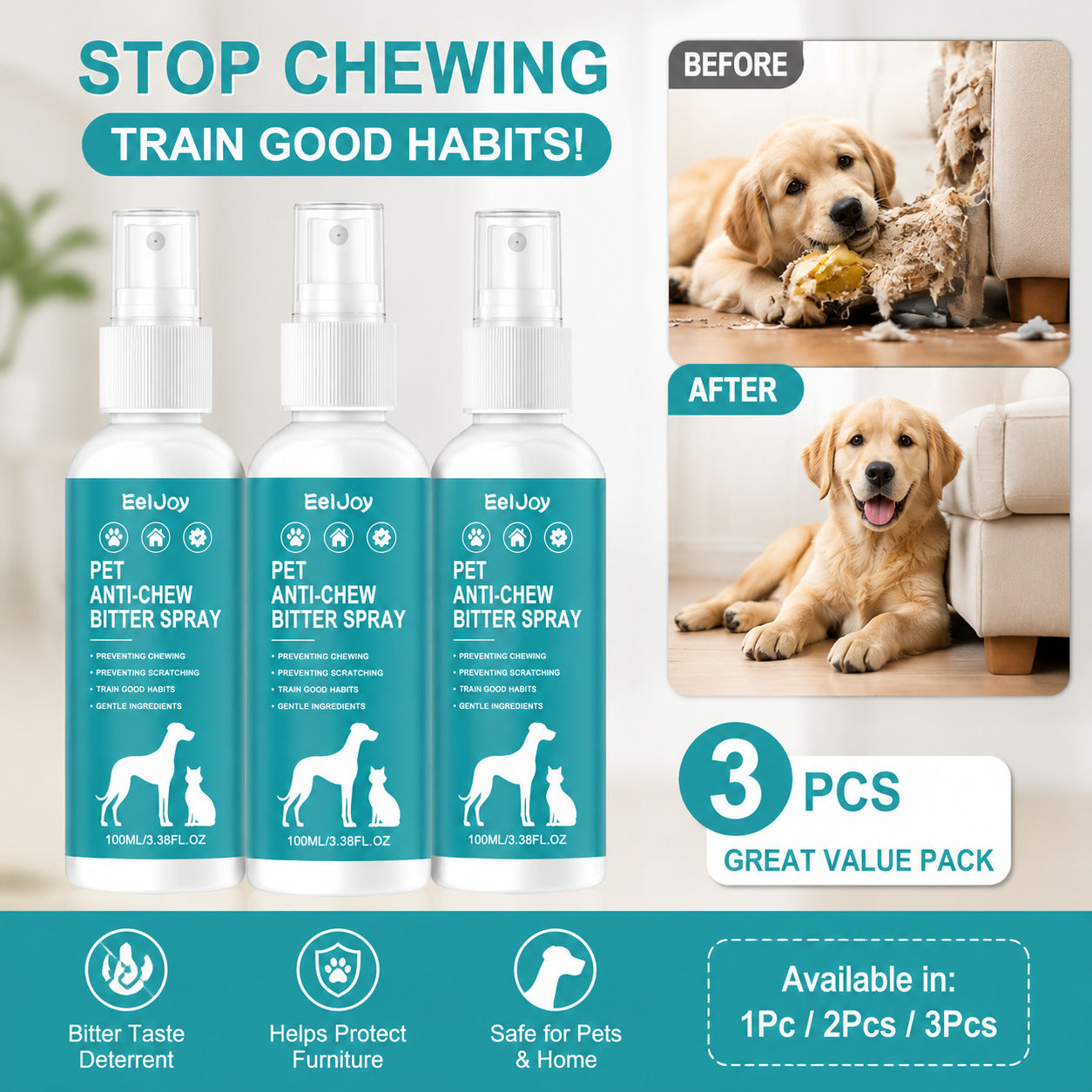 Bitter Taste Deterrent Spray 100ml – Prevents Chewing & Biting, Pet-Safe Formula, Protects Furniture, Upgraded Semburan Penahan Rasa Pahit 100ml – Menghentikan Kunyahan & Gigitan, Formula Selamat Untuk Haiwan Peliharaan, Pelindung Perabot (Ditingkatkan)