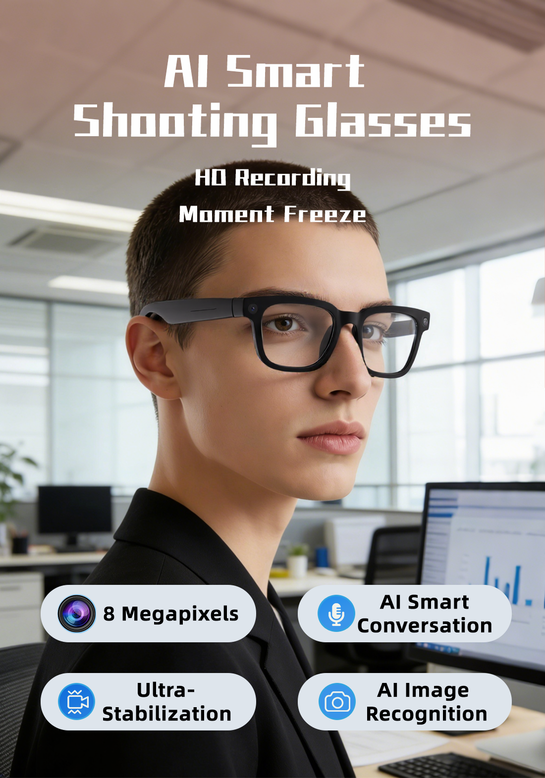 AI Smart Recording Glasses 8MP HD Camera Video Recording Stabilization AI Image Recognition Smart Talk Glasses Portable Hands-Free Meeting Recording Cermin Mata Rakaman Pintar AI 8MP Kamera HD Video Rakaman Penstabilan Pengecaman Imej Pintar Sembang