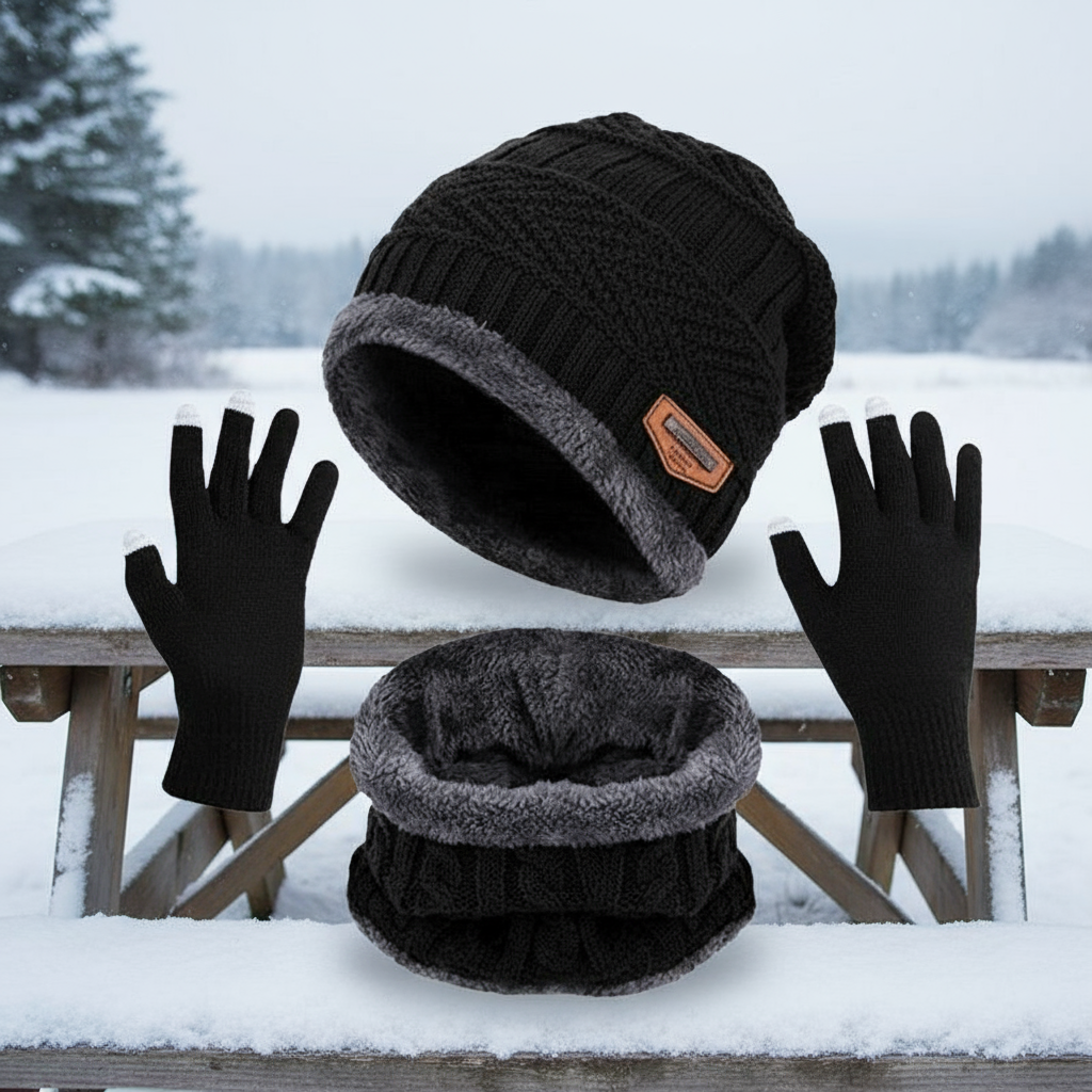 Unisex Winter Thermal Set: Woolen Hat, Scarf & Touchscreen Gloves - Three-Piece for Outdoor Sports and Skiing Set Terma Musim Sejuk Uniseks: Topi Bulu, Selendang & Sarung Tangan Skrin Sentuh - Set Tiga Keping untuk Sukan Luar dan Ski
