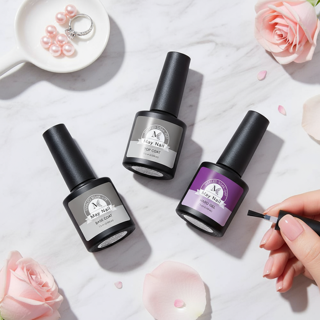 Semi-permanent non-wipe top coat gel polish with UV LED shine, reinforced, perfect for DIY salon at home. Gel pengilat kuku separa kekal tanpa lap dengan kilauan UV LED, diperkuat, sesuai untuk salun DIY di rumah