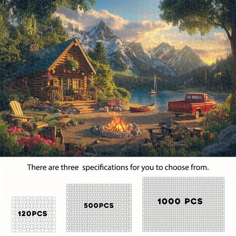 Mountain Retreat: Cabin Campfire, Lakeside Pickup & Sailboat, 120/500/1000 pcs Puzzle