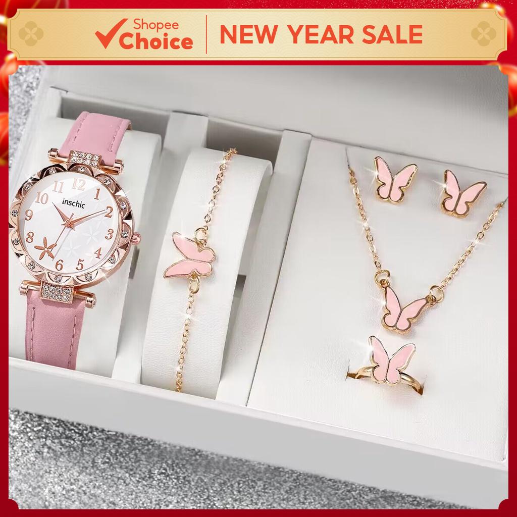 Fashion Flower Women Watch Jewelry Set In Black Pink White Quartz Timepiece Leather Band Casual Wristwatch For Valentine's Day Lunar New Year Gift
