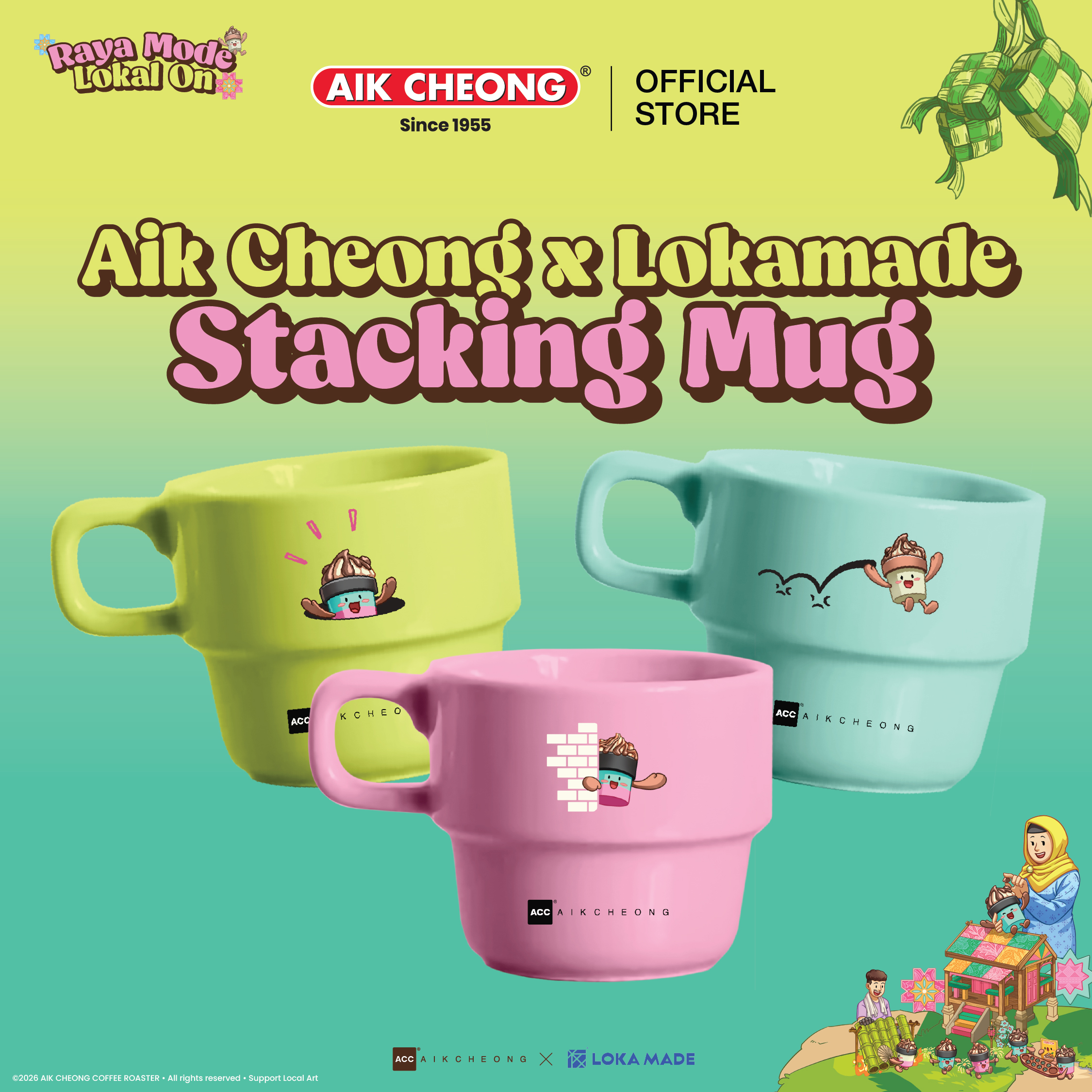 [Not For Sale]AIK CHEONG X LOKAMADE STACKING MUG (GREEN/PINK/TIFFANY BLUE)