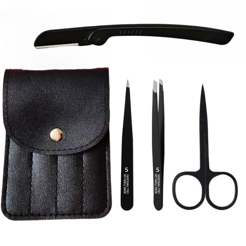 4-Piece Eyebrow Trimming Set: Beginner Razor, Tweezers & Foldable Scissors — Portable for Home & Travel