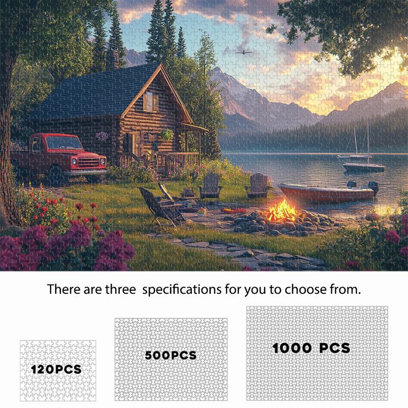 Mountain Retreat: Cabin Campfire, Lakeside Pickup & Sailboat, 120/500/1000 Pcs Jigsaw